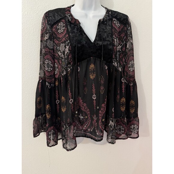 Knox Rose Women Blouse Black Peasant Velvet Trim Floral Goth Whimsygoth Small - Picture 1 of 6
